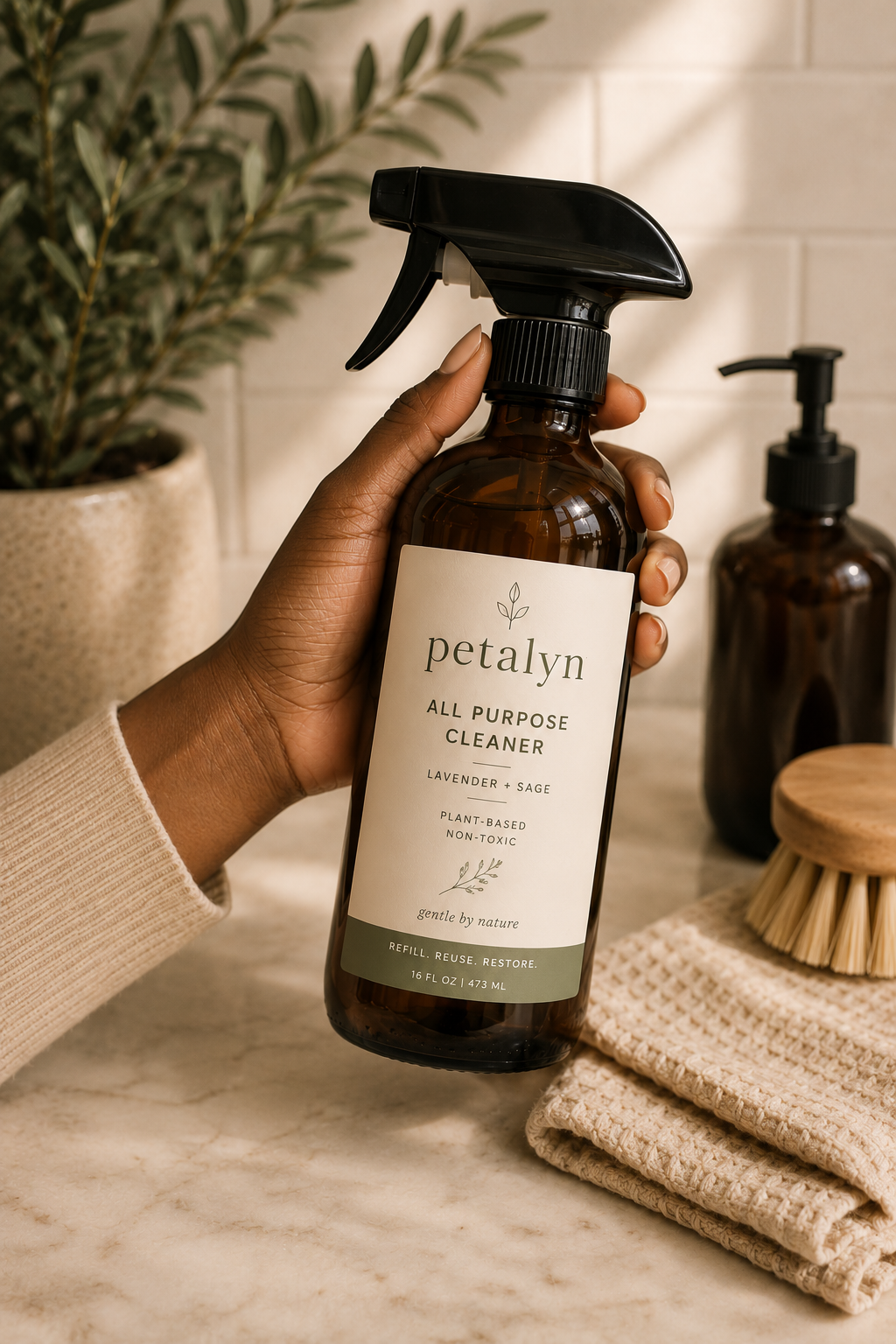 Natural home care lifestyle — warm light, linen textures
